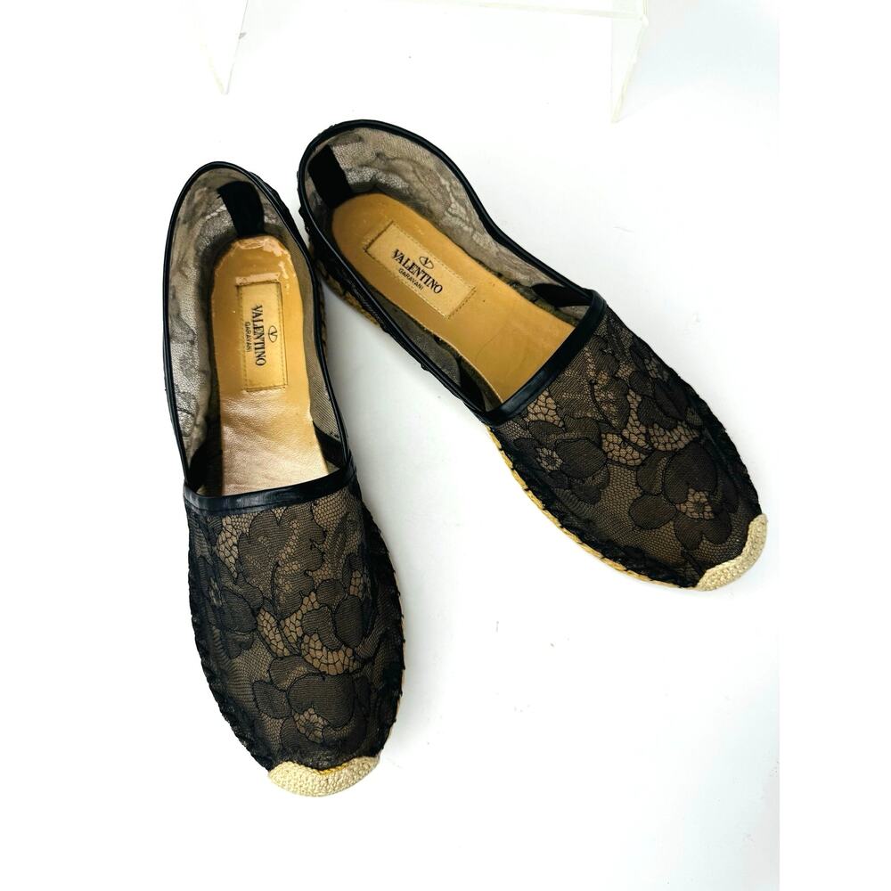 Valentino Black Lace Leather Espadrille Flats Slip On Shoes size EU 37 US 7 - Picture 3 of 9